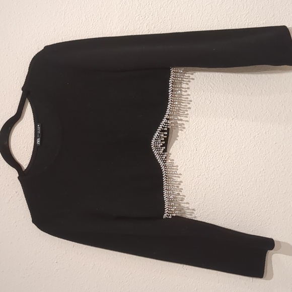 Zara Black Rhinestone Hem Cropped Blouse SizeSmall - Picture 2 of 5